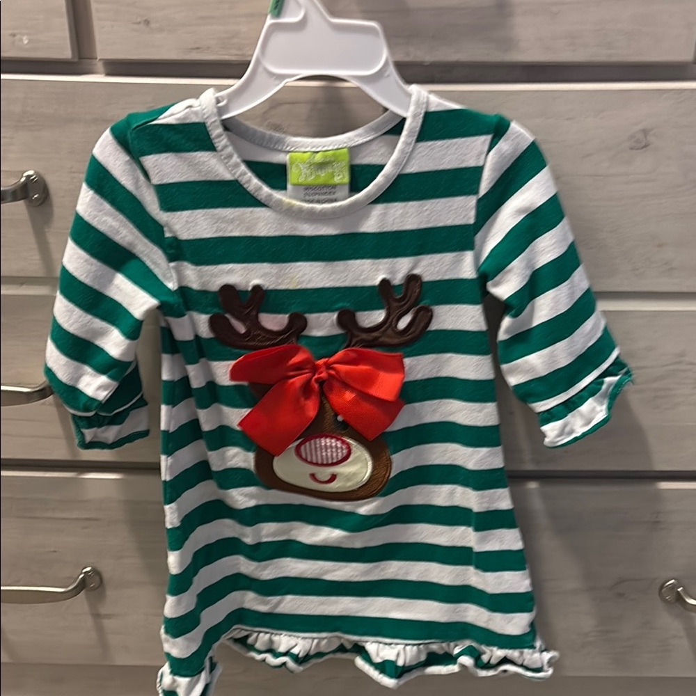 Green and White Striped Reindeer Dress
